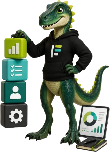 Mascote da Prumio, um velociraptor organizando blocos de gestão